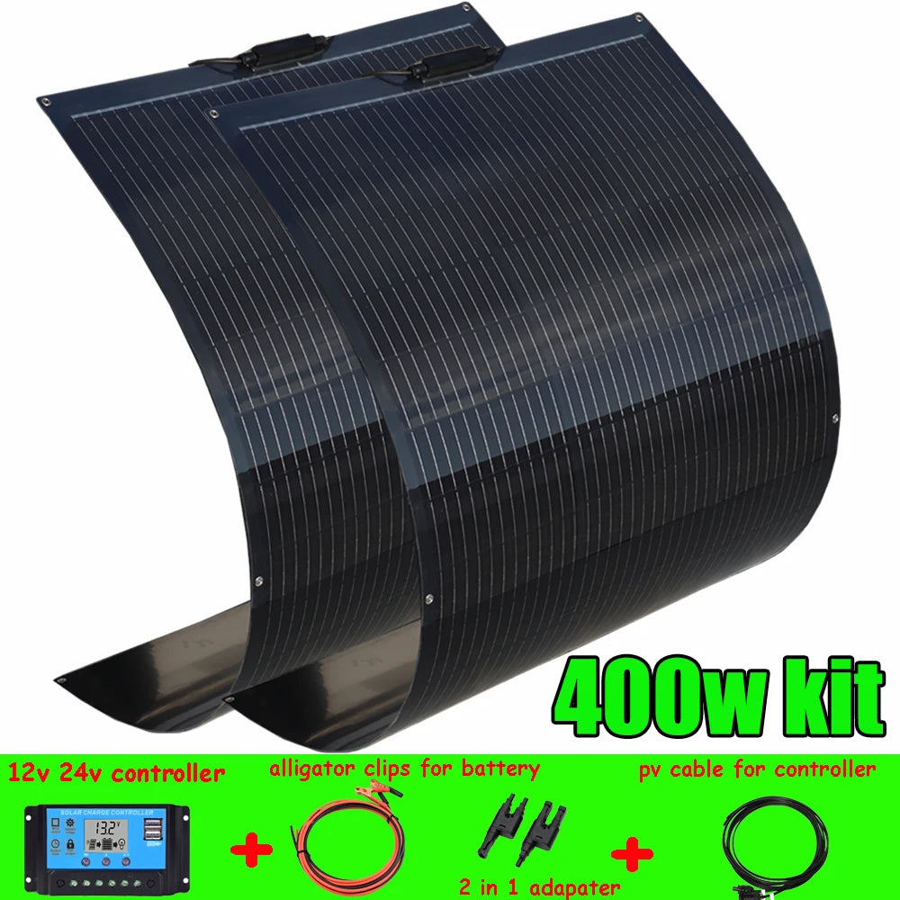 Pannello solare flessibile fotovoltaico 12V 400W 200W 100W, caricabatterie 12V per camper, roulotte, barca, casa, balcone, viaggio, impermeabile.