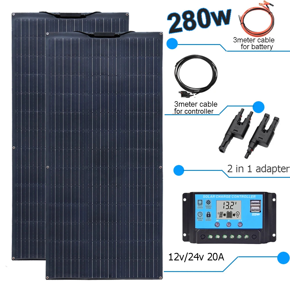 Pannello Solare Flessibile 280W / 140W 12V – Kit Completo Sistema Fotovoltaico per Casa, Auto, Tetto di Camper o RV – Magazzino UE, Spedizione con DHL.