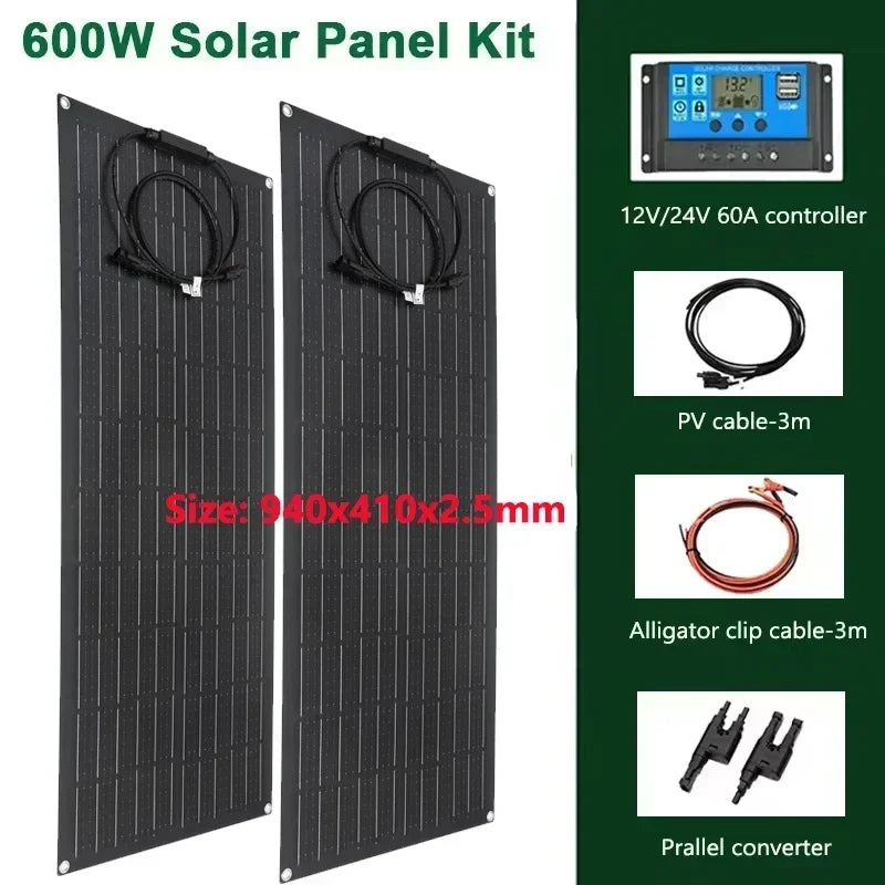600W 300W Solar Panel 18V Flexible Solar Cell Outdoor Battery Power Charger for Household Camping Yacht Motorhome Car RV Boat