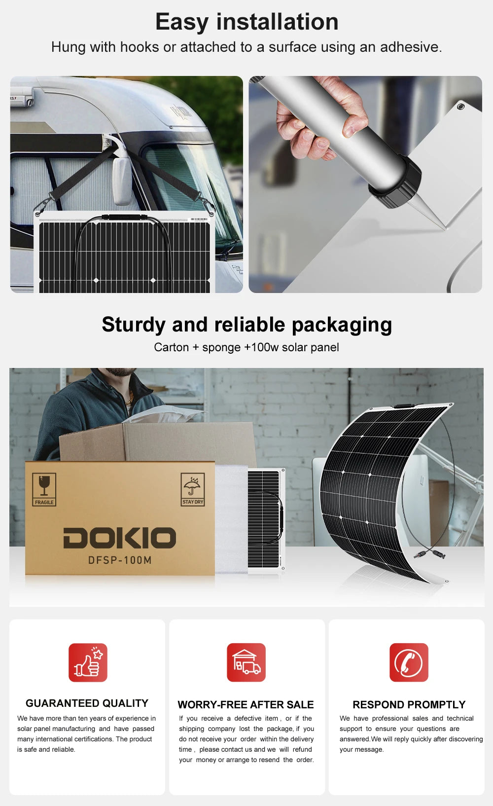 DOKIO 4PCS 100W solar panel 18V monocrystalline flexible panels suitable for camping, RV installation can charge 12V batteries