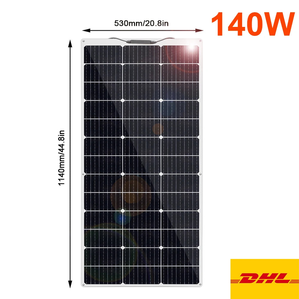 Pannello Solare Flessibile 280W / 140W 12V – Kit Completo Sistema Fotovoltaico per Casa, Auto, Tetto di Camper o RV – Magazzino UE, Spedizione con DHL.