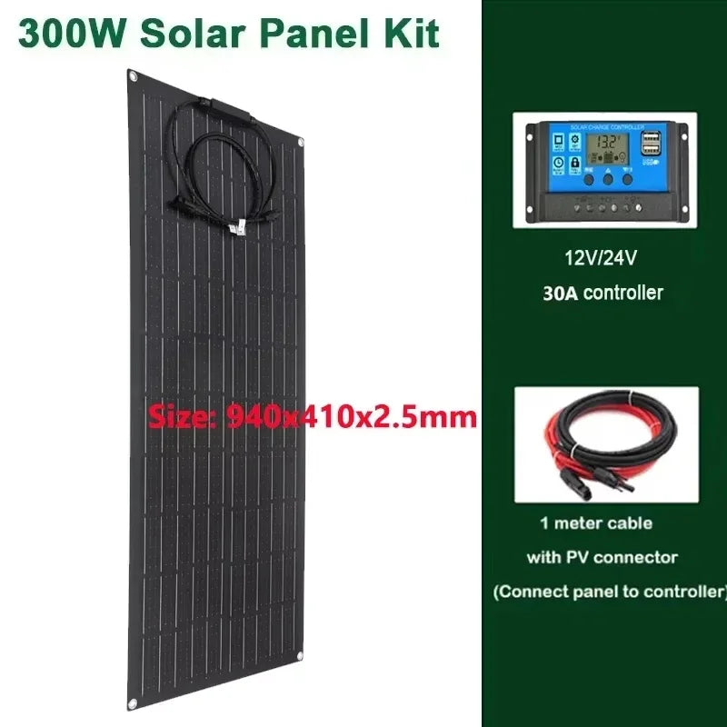 600W 300W Solar Panel 18V Flexible Solar Cell Outdoor Battery Power Charger for Household Camping Yacht Motorhome Car RV Boat