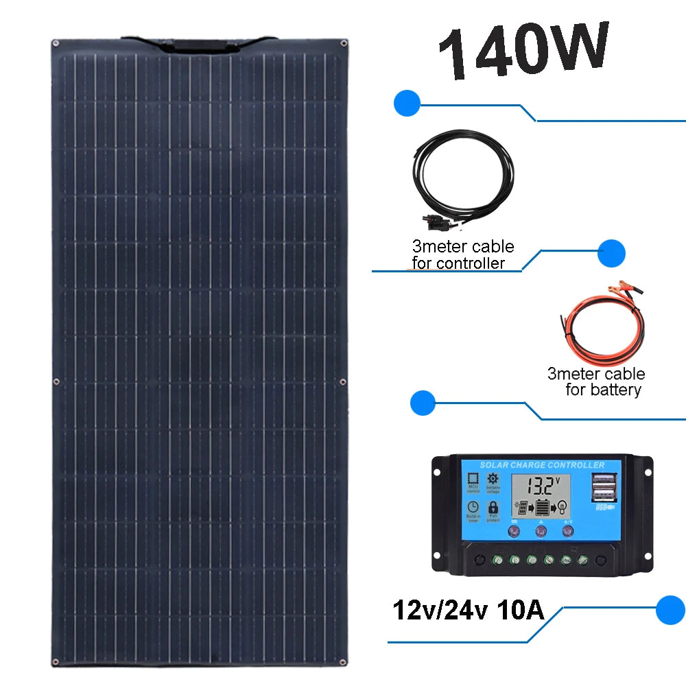 Pannello Solare Flessibile 280W / 140W 12V – Kit Completo Sistema Fotovoltaico per Casa, Auto, Tetto di Camper o RV – Magazzino UE, Spedizione con DHL.