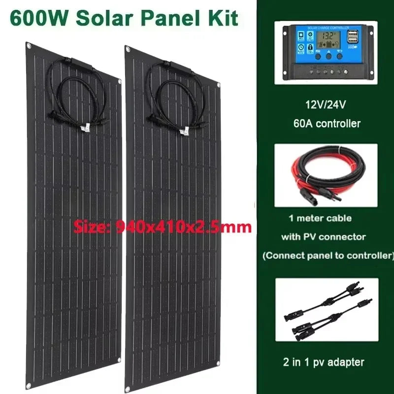 600W 300W Solar Panel 18V Flexible Solar Cell Outdoor Battery Power Charger for Household Camping Yacht Motorhome Car RV Boat