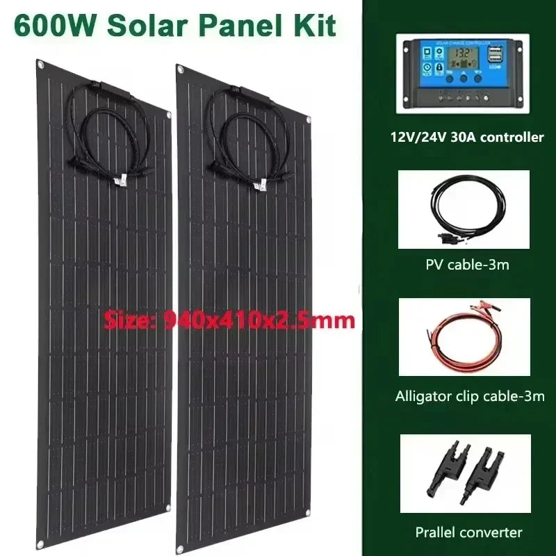 600W 300W Solar Panel 18V Flexible Solar Cell Outdoor Battery Power Charger for Household Camping Yacht Motorhome Car RV Boat