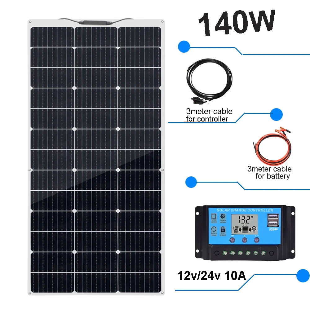 Pannello Solare Flessibile 280W / 140W 12V – Kit Completo Sistema Fotovoltaico per Casa, Auto, Tetto di Camper o RV – Magazzino UE, Spedizione con DHL.