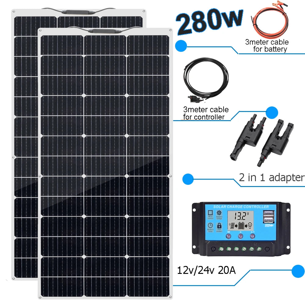 Pannello Solare Flessibile 280W / 140W 12V – Kit Completo Sistema Fotovoltaico per Casa, Auto, Tetto di Camper o RV – Magazzino UE, Spedizione con DHL.