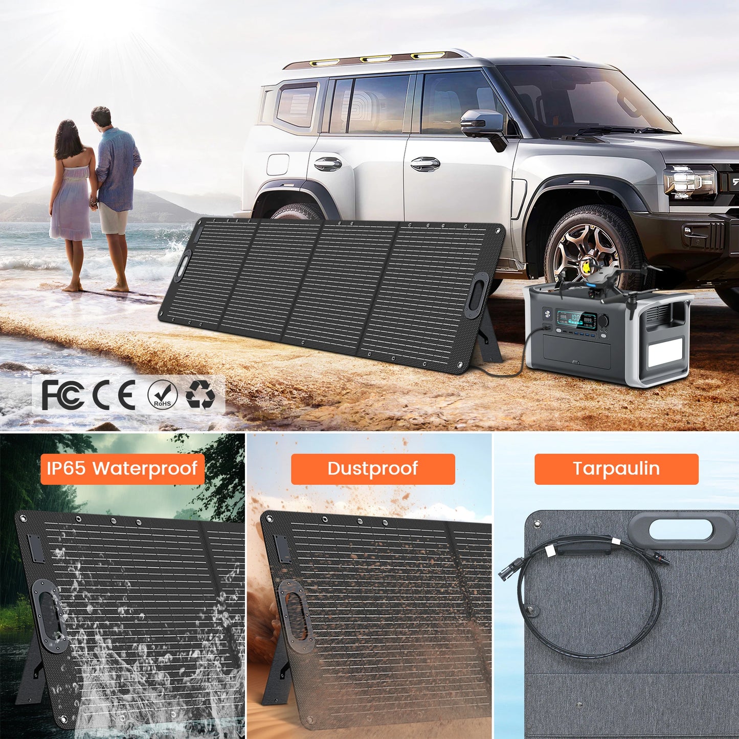 200W ETFE Flexible Foldable Solar Panel 100W Camping Portable Folding Solar Panel Kit High Efficience Travel&Phone&Boat&RV 20.5V