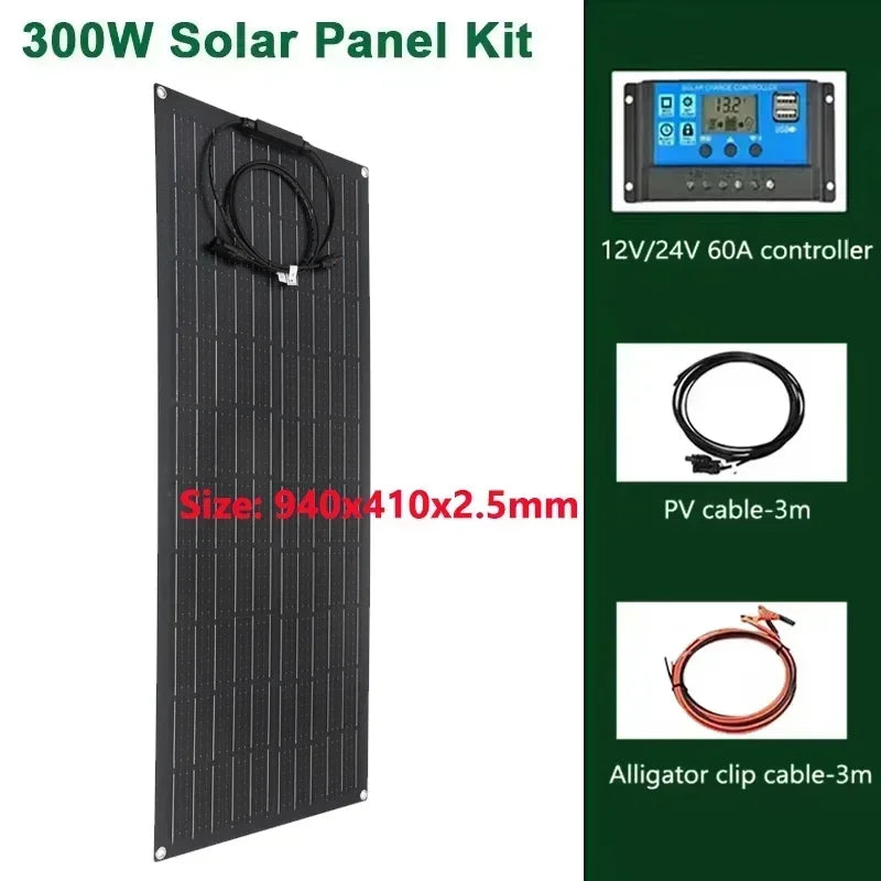 600W 300W Solar Panel 18V Flexible Solar Cell Outdoor Battery Power Charger for Household Camping Yacht Motorhome Car RV Boat