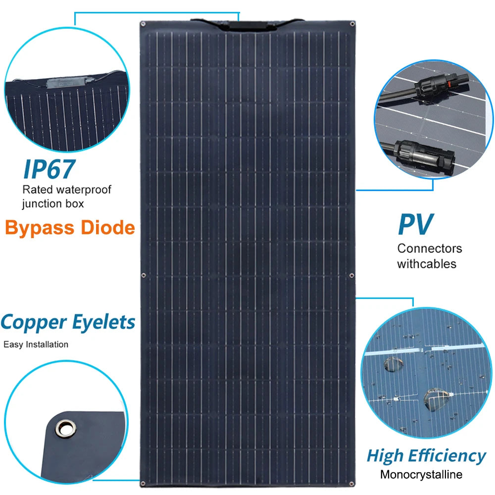Pannello Solare Flessibile 280W / 140W 12V – Kit Completo Sistema Fotovoltaico per Casa, Auto, Tetto di Camper o RV – Magazzino UE, Spedizione con DHL.