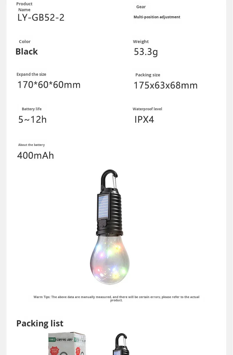 Lampadina LED Solare Ricaricabile da Campeggio