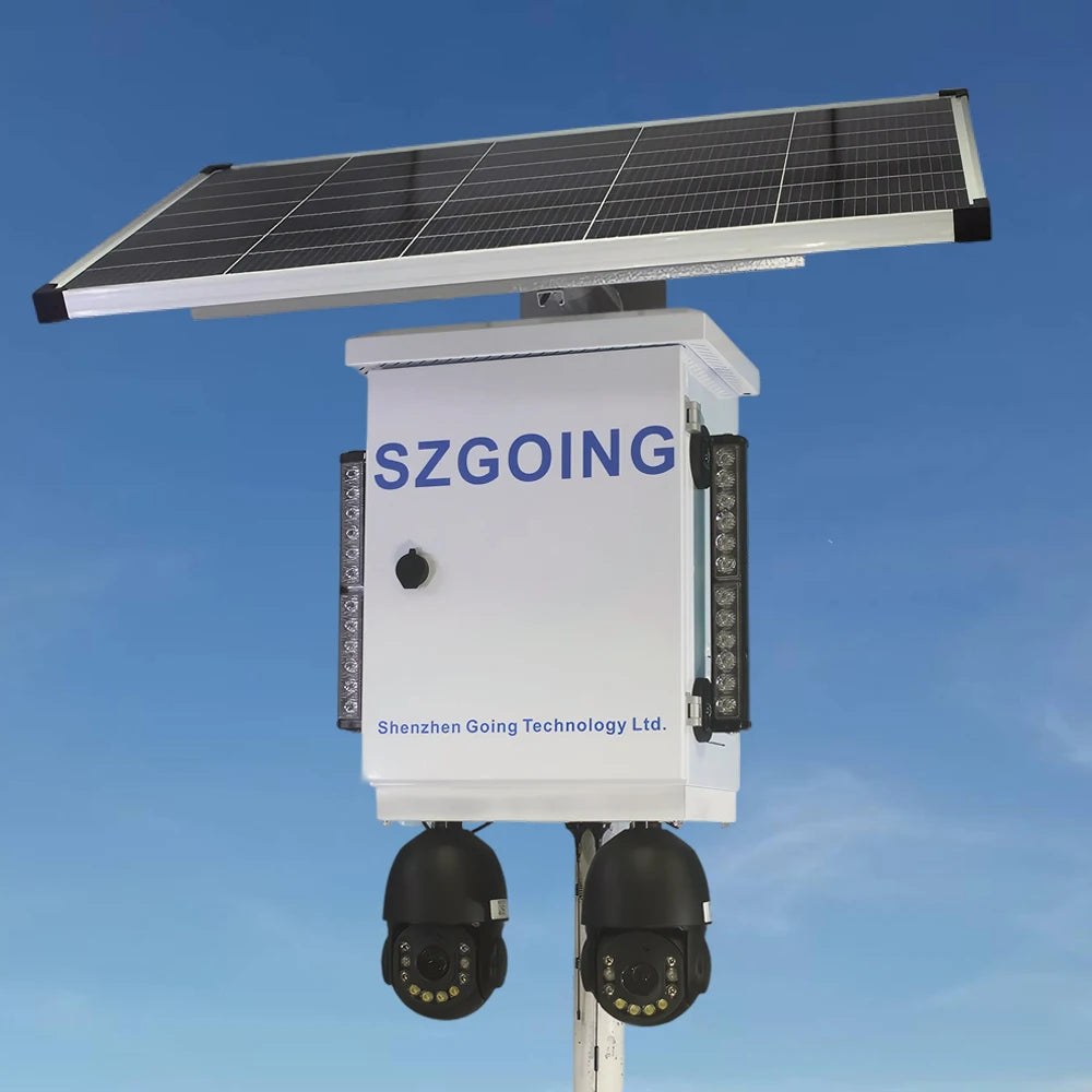 SZGOING Farm Wireless Outdoor Perimeter Security Alarm Light System Dual Solar Panel 8MP CMOS CCTV Surveillance Wide Angle