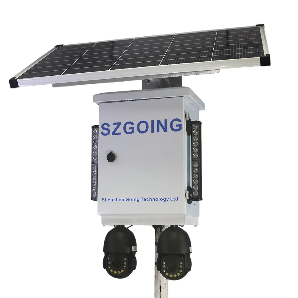 SZGOING Farm Wireless Outdoor Perimeter Security Alarm Light System Dual Solar Panel 8MP CMOS CCTV Surveillance Wide Angle