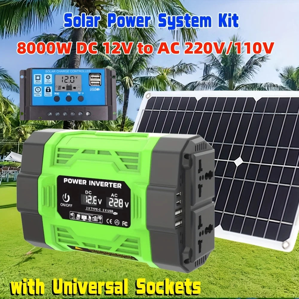 Solar system kit 8000W 12V to AC 220V/110V inverter+600W solar panel+100A controller, suitable for charging RVs, cars, laptops