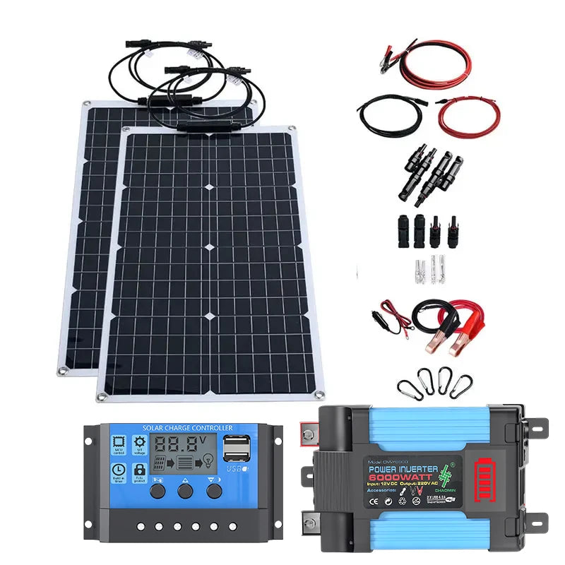 6KW 4KW Flexible Solar Panel Kit – 110V/220V Output, 12V Charger & Pure Sine Wave Inverter, Off-Grid Power for Home &  Outdoor