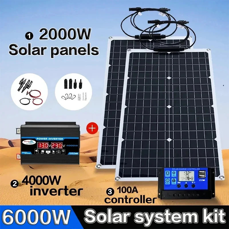 6000W Solar Panel Inverter Kit Solar Controller Waterpfoof Camping Solar Power 110V-220V Generation Intelligent Charging Board