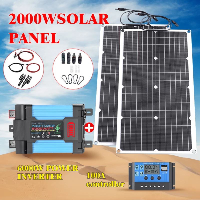 6KW 4KW Flexible Solar Panel Kit – 110V/220V Output, 12V Charger & Pure Sine Wave Inverter, Off-Grid Power for Home &  Outdoor