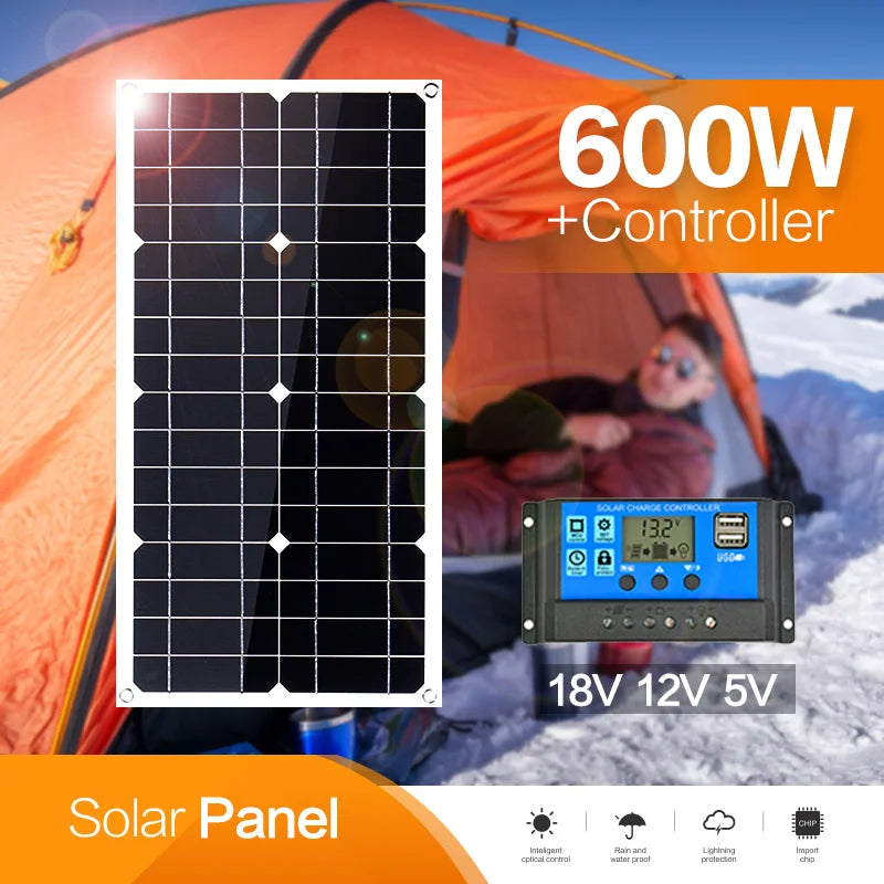 600W Solar Panel 12V Solar Kit Flexible Portable With 100A Controller Suitable For Home Outdoor Camping Mobile RV Solar Charger