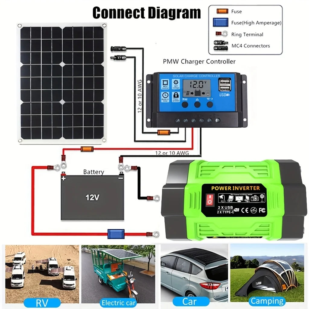 Solar system kit 8000W 12V to AC 220V/110V inverter+600W solar panel+100A controller, suitable for charging RVs, cars, laptops