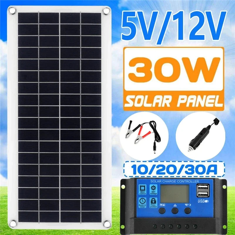 Solar Panel Kit 30W 12V Dual USB Output Solar Cells Solar Panel 20A 30A 40A 50A Controller For Car Yacht Battery Boat Charger