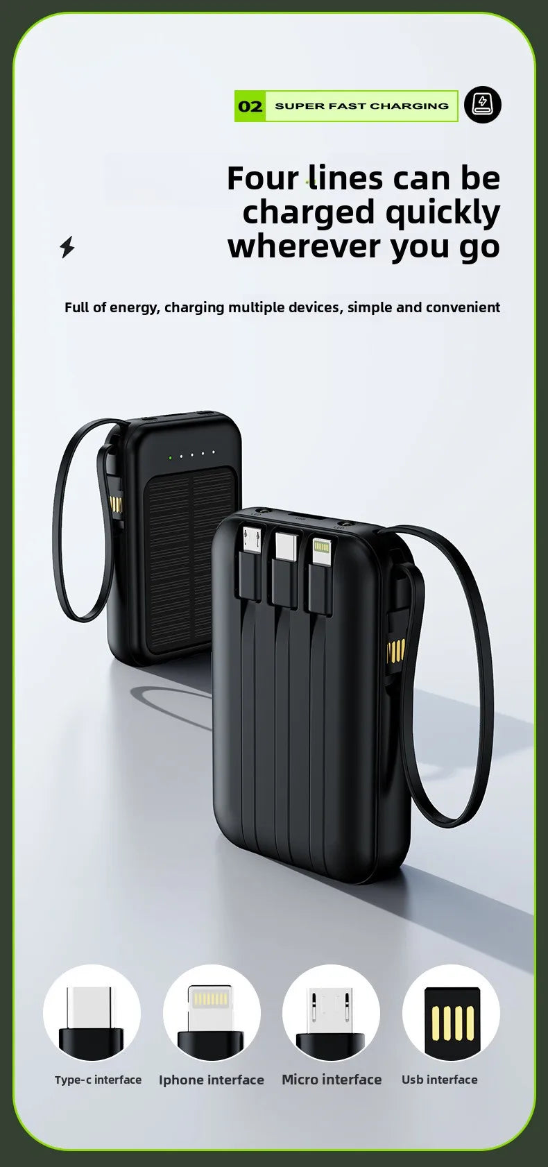 20000 MAh Large Capacity Solar Power Bank Portable Self-contained Four-wire Mini Power Bank Wholesale 4 Outputs And 3 Inputs