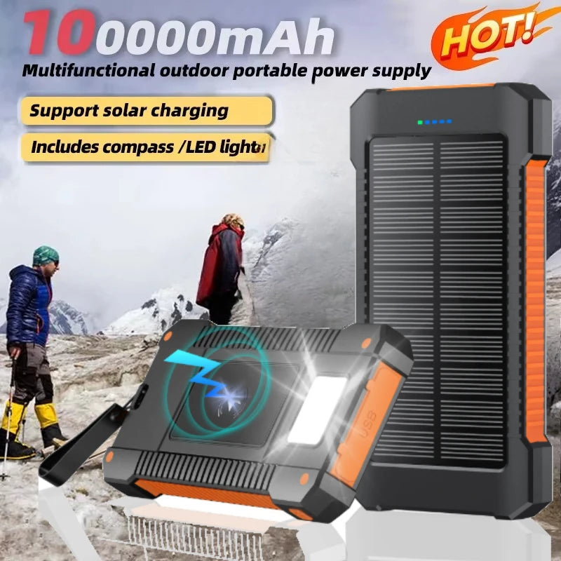 Solar Power Bank 100000mAh External Battery Portable Charger Waterproof Power Bank with SOS Flashlight for IPhone Xiaomi Huawei