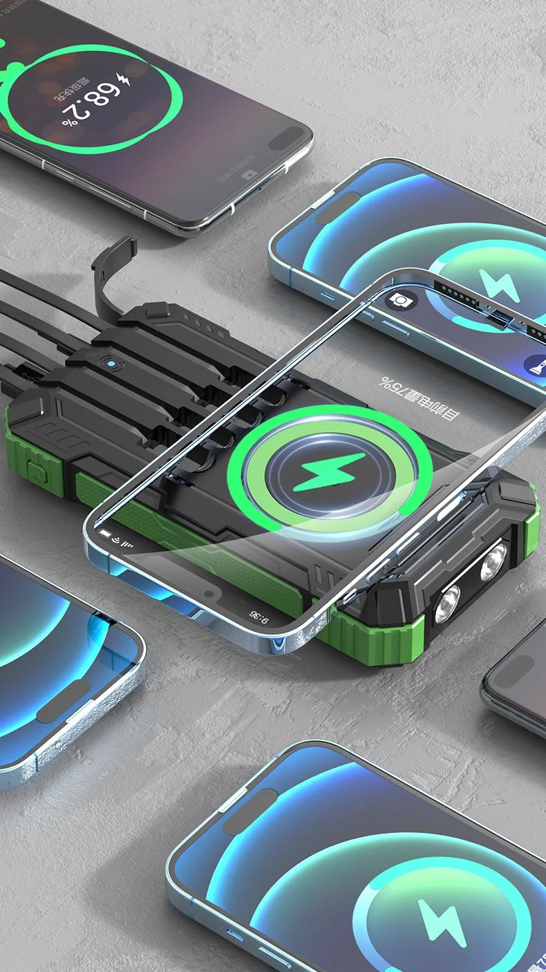 Portable Solar Power Bank Pd22.5W Fast Charging 20000Mah Large Capacity, Wireless Fast Charging and Comes with 4 USB Cable Mobile Power Supply, with Strong Light Led Light, Solar Power Bank Fast Rechargeable Battery