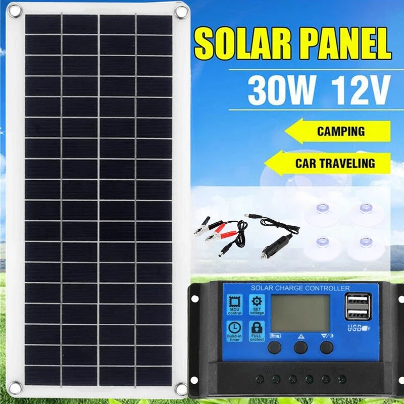 Solar Panel Kit 30W 12V Dual USB Output Solar Cells Solar Panel 20A 30A 40A 50A Controller For Car Yacht Battery Boat Charger