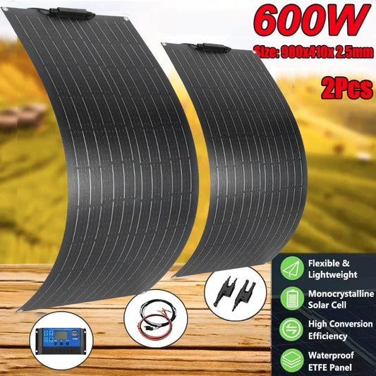 600W 300W Solar Panel 18V Flexible Solar Cell Outdoor Battery Power Charger for Household Camping Yacht Motorhome Car RV Boat